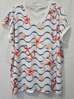 Women's White Emery Rose 3XL Nautical Theme Pull-over V-Neck Shirt T9